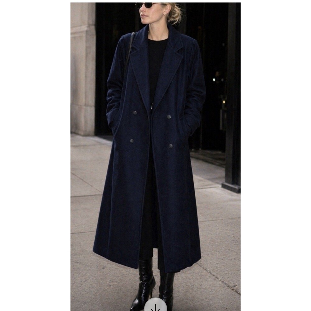 Jofeld Wool Blend Coat Women’s Navy Blue 90s  Lined Pockets Missing Button USA